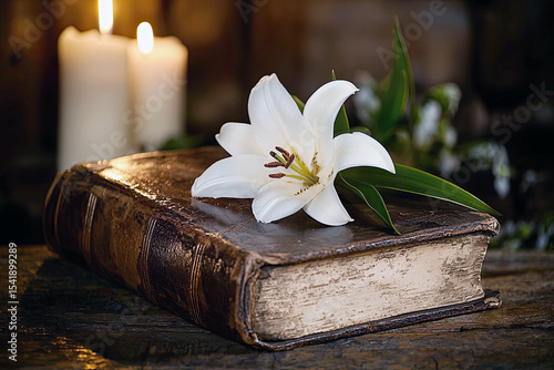 Aged Leather-Bound Bible with Easter Lily on Vintage Wooden Desk