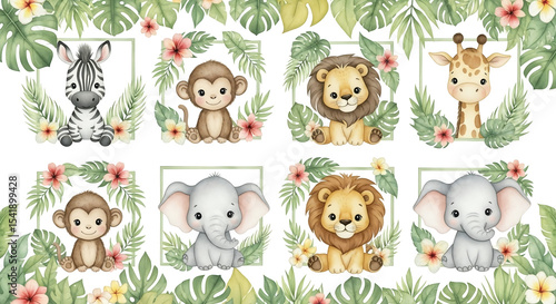 Adorable Watercolor Jungle Animals:  Cute Baby Zebra, Monkey, Lion, Elephant, And Giraffe Illustrations