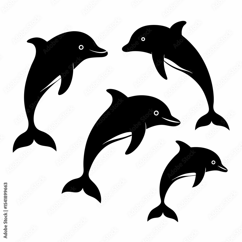 Fototapeta premium Create a bundle of four different simple black dolphin silhouette vectors in flat style on a white background.
