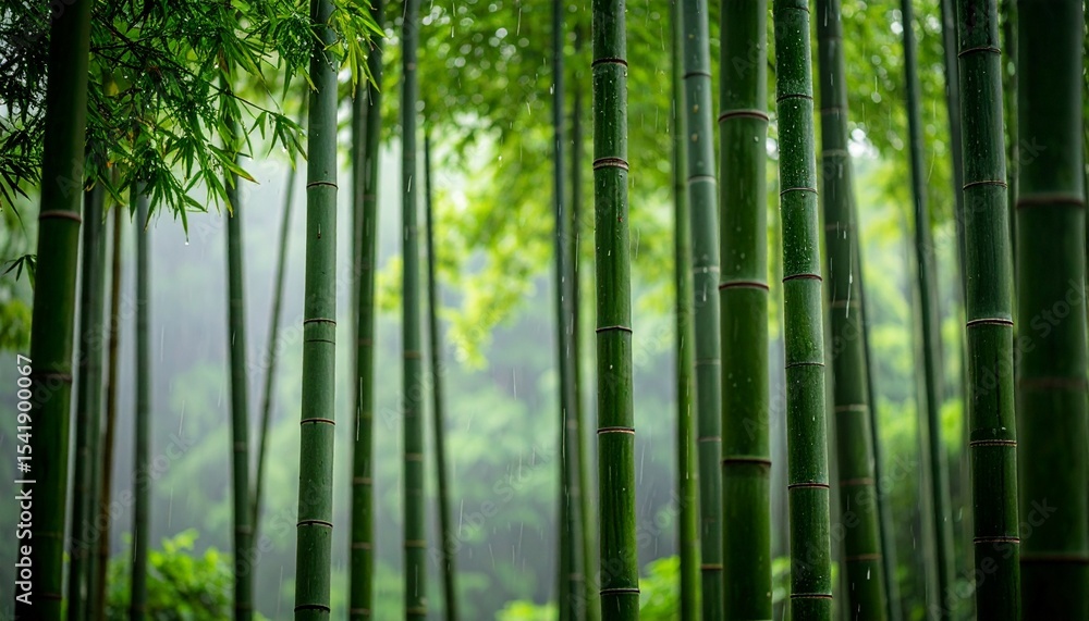 Close-up Vertical Shot of a Lush Bamboo Forest During Light Monsoon Rain. Crystal Droplets on Vibrant Green Stalks and Leaves, Serene Asian Nature Landscape Close-up Vertical Shot of a Lush Bamboo Forest During Light Monsoon Rain. Crystal Droplets on Vibrant Green Stalks and Leaves, Serene Asian Nature Landscape
