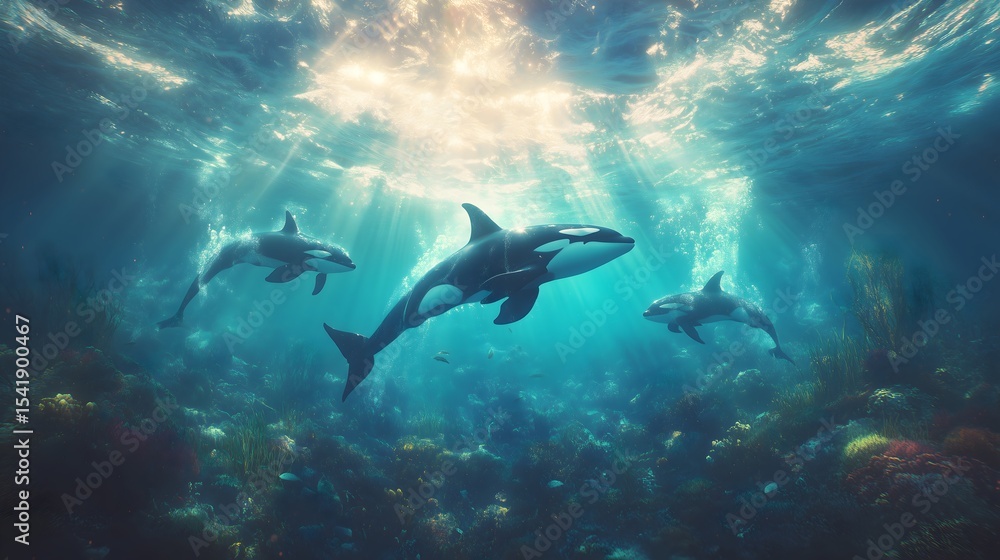 Fototapeta premium Pod of orcas hunting in deep blue waters showcasing nature's raw beauty and grace in an underwater paradise