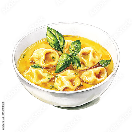 Watercolor illustration of tortellini soup with basil on transparent background