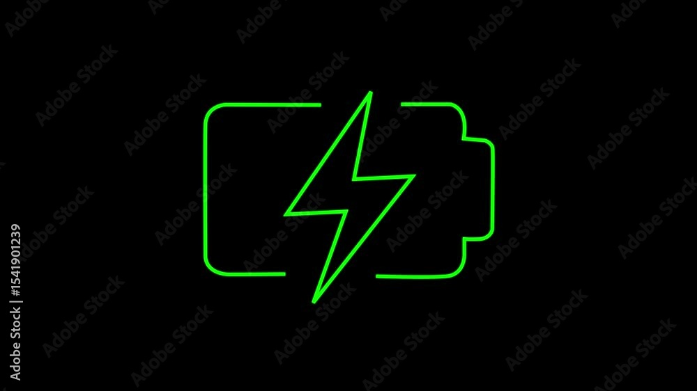 Glowing neon battery icon with lightning bolt symbol on a black background ,Glowing animated Battery symbol. Glowing neon battery icon with lightning bolt symbol on a black background ,Glowing animated Battery symbol.