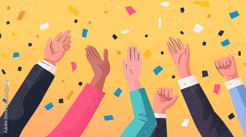 A team of business professionals celebrating with clapping hands or raised arms in a joyful atmosphere.