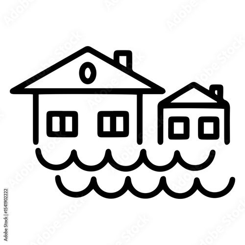 Outline style image depicts two houses partially submerged in water, indicated by a flood, natural disaster impacting residential areas, property damage due to water. Related to climate change impacts
