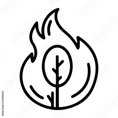 Outline style image depicts a  tree engulfed in flames, symbolizing a wildfire, environmental disaster, or the destruction of nature. Related to forest fires, natural disasters, environmental damage