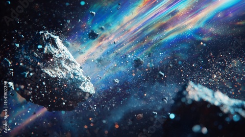 meteor shattering from blue laser in deep space with glowing fragments and motion