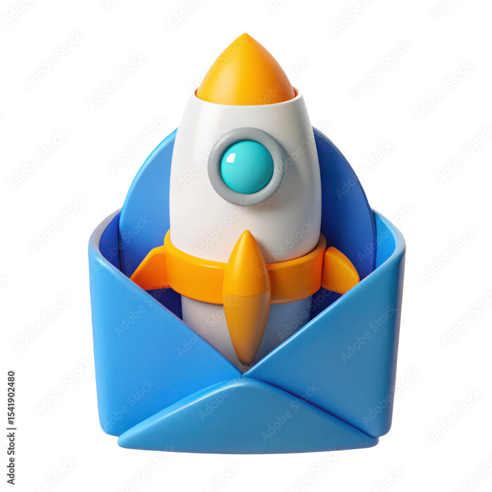 Fototapeta premium 3d rocket in email envelope isolated on transparent background