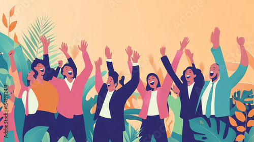 A team of business professionals celebrating with clapping hands or raised arms in a joyful atmosphere.