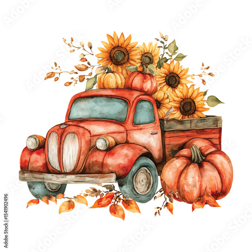 Watercolor autumn truck with pumpkins and sunflowers on transparent background