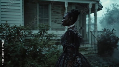 African American woman in period dress walking past historic wooden house depicting antebellum era domestic life and historical slavery period