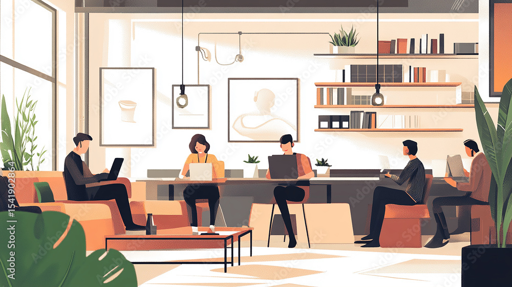Diverse professionals working together in a modern coworking space. Diverse professionals working together in a modern coworking space.