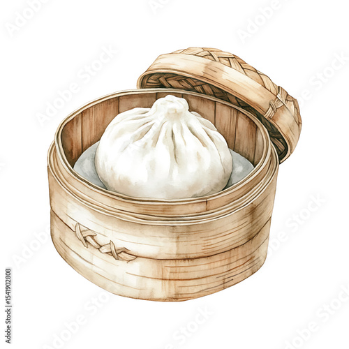 Watercolor illustration of steamed soup dumpling in bamboo steamer on transparent background