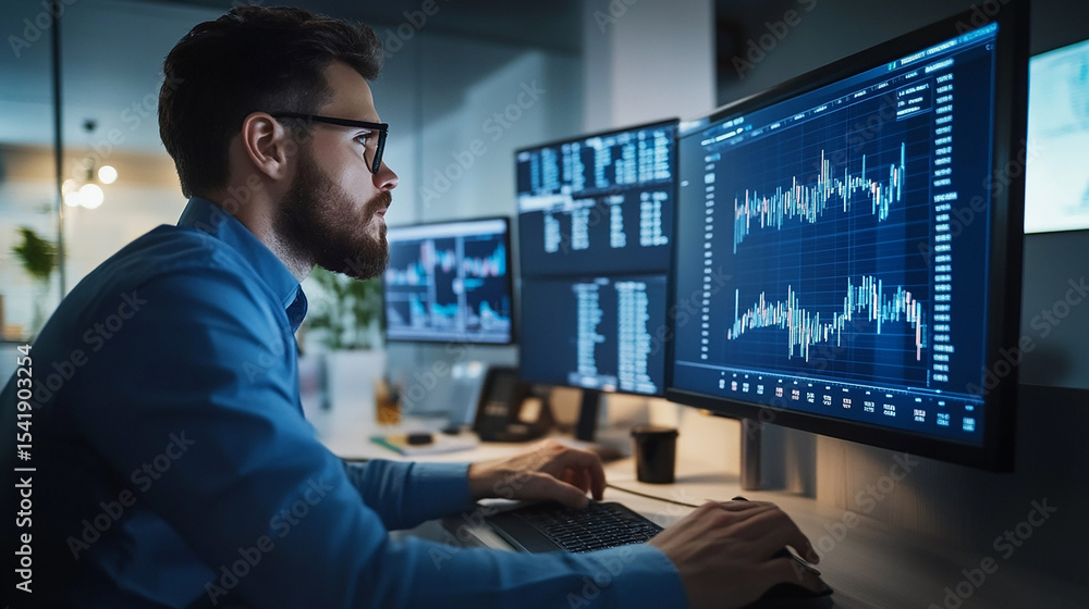 A businessman analyzing stock market charts on a computer screen in a modern office. A businessman analyzing stock market charts on a computer screen in a modern office.
