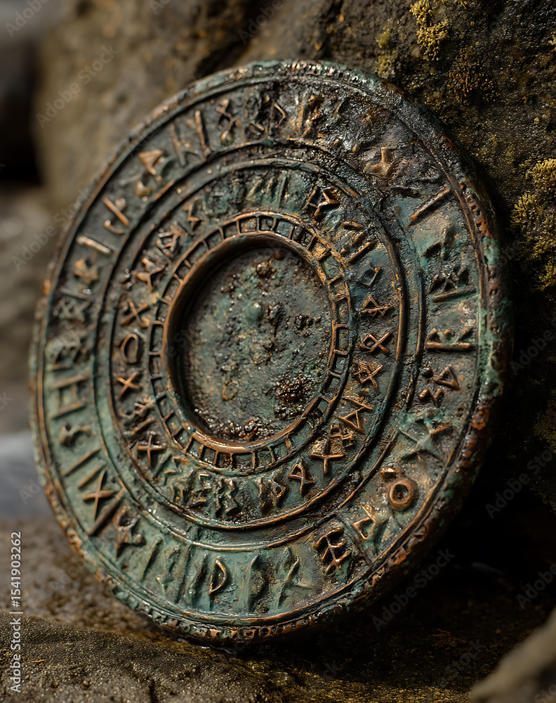 Fototapeta premium Ancient Bronze Disc with Runes and Worn Texture on Dark Background