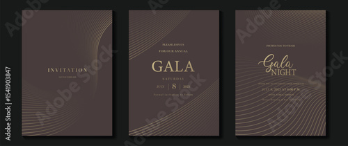 Luxury wedding invitation card background vector. Golden elegant gold wavy lines on brown background. Premium design illustration for wedding and vip cover template, banner, poster.