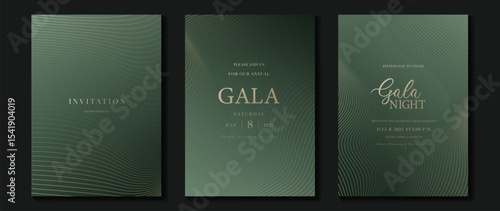 Luxury wedding invitation card background vector. Golden elegant gold wavy lines on green background. Premium design illustration for wedding and vip cover template, banner, poster.