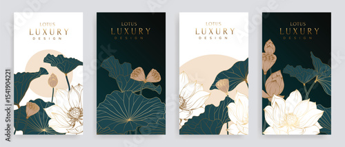 Luxury lotus hand drawn pattern cover design vector. Wallpaper with white lotus, blooms and leaves design in gold line art. Illustration for social media post, internet, packaging, covers, and prints.