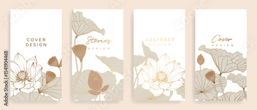 Luxury lotus hand drawn pattern cover design vector. Wallpaper with white lotus, blooms and leaves design in gold line art. Illustration for social media post, internet, packaging, covers, and prints.