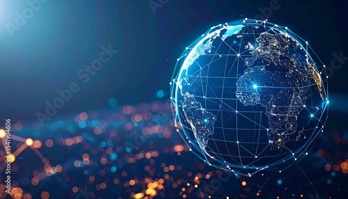 Digital data connectivity, world map, info flow art
