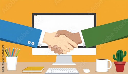 Two individuals shaking hands over a computer desk, symbolizing a business agreement.