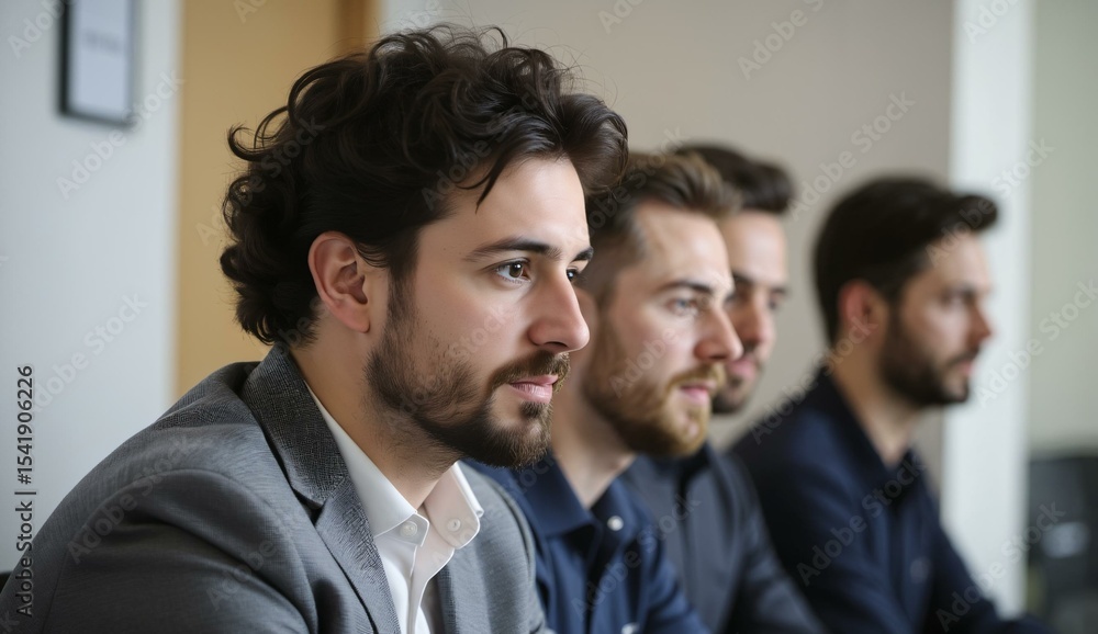 Four men in formal attire seated in a row, facing forward with serious expressions. Four men in formal attire seated in a row, facing forward with serious expressions.