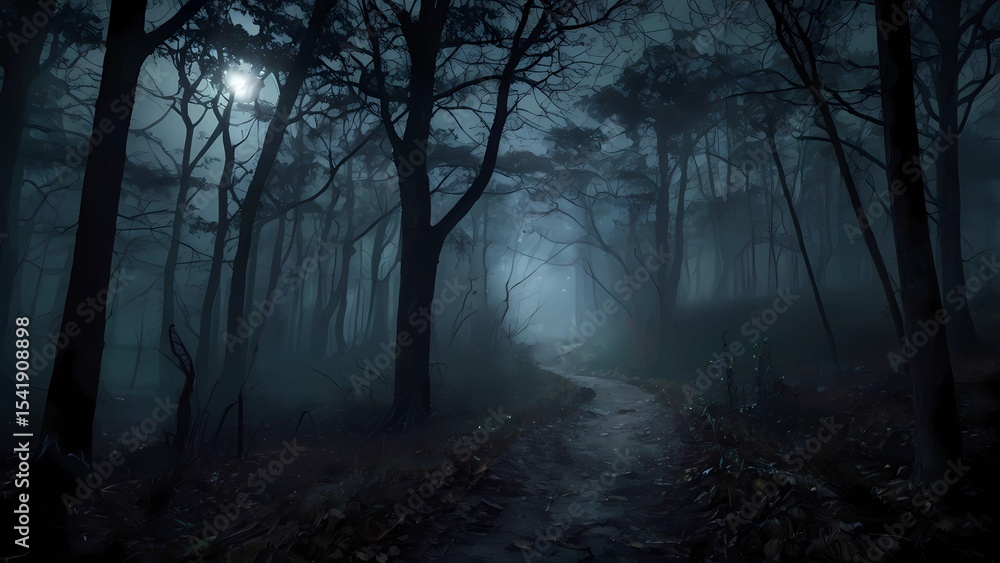 Fototapeta premium Mysterious forest with a moonlit path fog and a Halloween backdrop hint