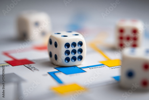 Board game night with colorful dice and a detailed game board in focus on a wooden table