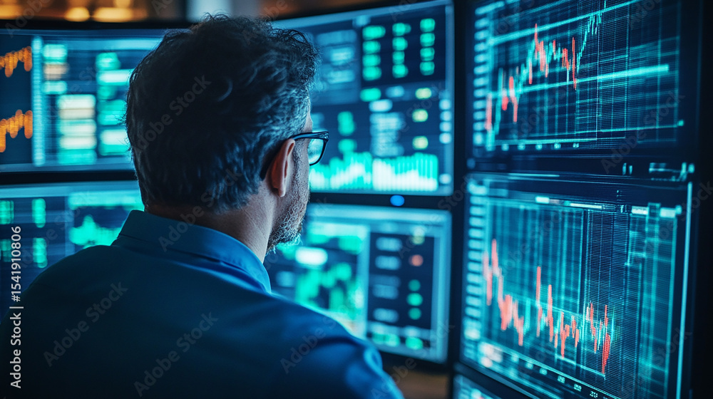 An investor checking multiple monitors with real-time forex, commodities, and stock market data. An investor checking multiple monitors with real-time forex, commodities, and stock market data.