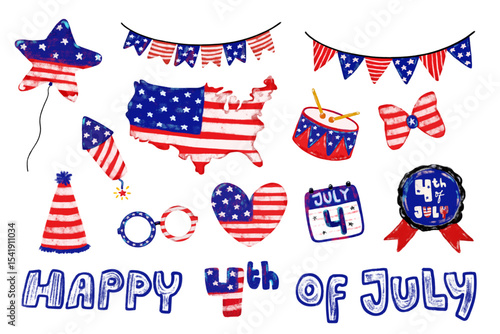 Cute set hand drawn happy 4th of july united states of America national independence day flag pattern patriotic theme elements doodle grunge brush watercolor crayon illustration clipart collection
