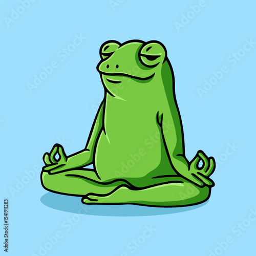 Retro Cartoon Frog Meditating. Isolated on Blue Background
. Frog illustration