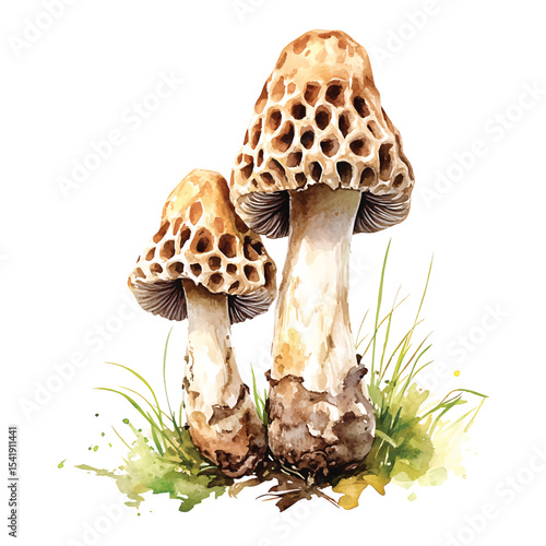 Two morel mushrooms watercolor illustration with grass on transparent background