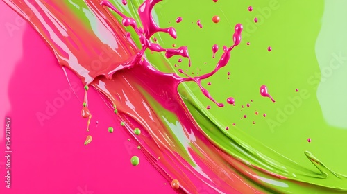 Vivid splash of pink and green paints colliding in a dynamic burst creating an abstract colorful texture.
