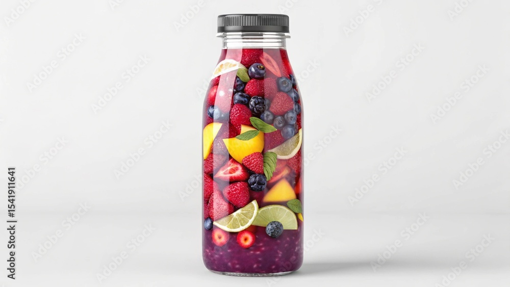 Obraz premium Refreshing Fruit Infused Water in a Glass Bottle on a White Background