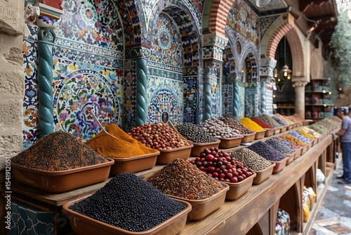 Fototapeta Naklejka Na Ścianę i Meble -  Medieval Spice Trade vibrant market exotic spice historical maps bustling crowd