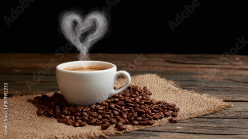 White ceramic cup with steaming heart-shaped coffee on rustic wooden surface, surrounded by scattered brown beans and rough-textured burlap, dark background.