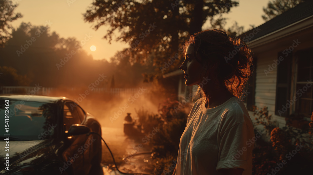 Fototapeta premium Sunset reflection on a quiet evening with a woman near her car
