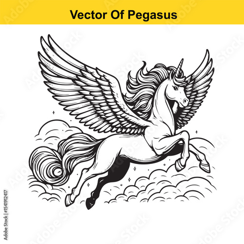 Black and White Line Art of a Majestic Pegasus with Wings for Easy Tracing