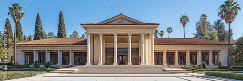 Imposing Classical Building with Columns and Lush Grounds
