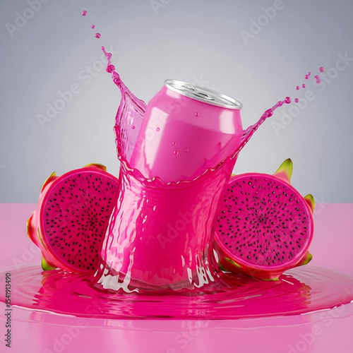 Refreshing Dragon Fruit Drink Splash: Pink Canned Beverage, Tropical Fruit, Summer Juice