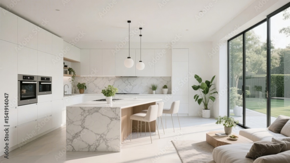 Modern Kitchen with Marble Island and Open Living Space Modern Kitchen with Marble Island and Open Living Space