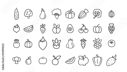 Hand drawn line art icons of various fruits and vegetables