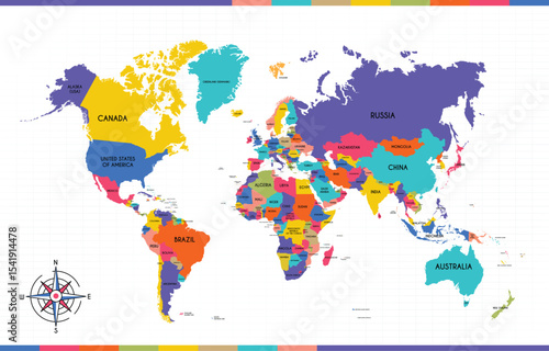 Colorful Political World Map Vector with Country Labels for Presentations. EPS infographics.