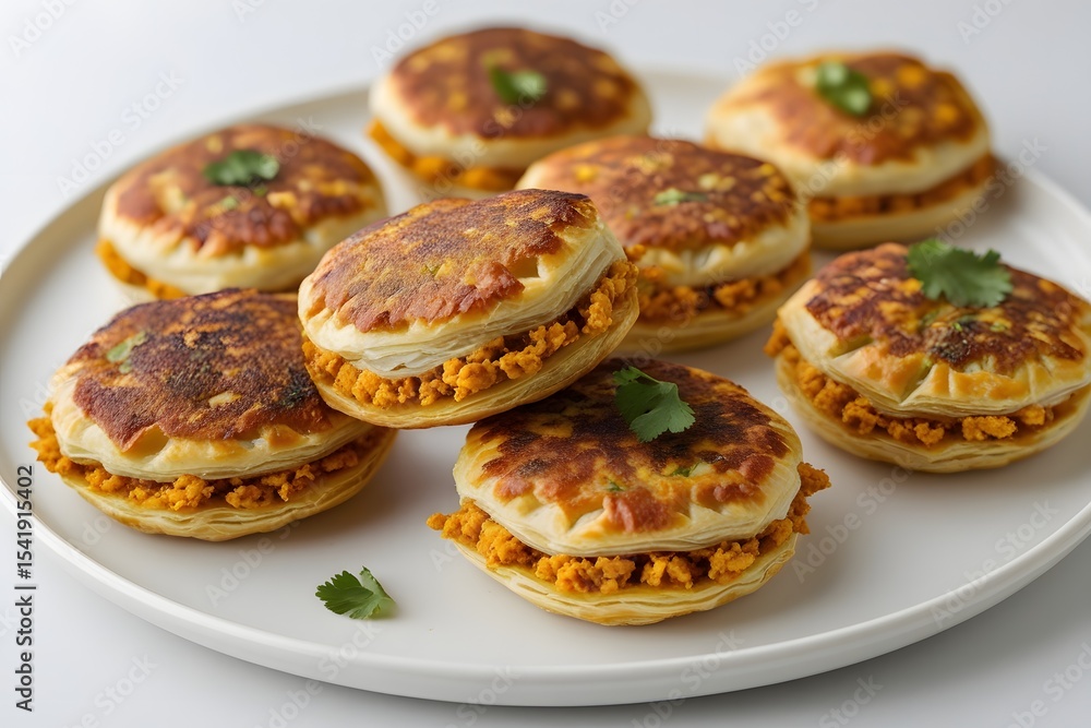 Appetizing close up view of delicious savory meat pastries displayed on a white plate ready to serve for lunch dinner or special occasions Appetizing close up view of delicious savory meat pastries displayed on a white plate ready to serve for lunch dinner or special occasions