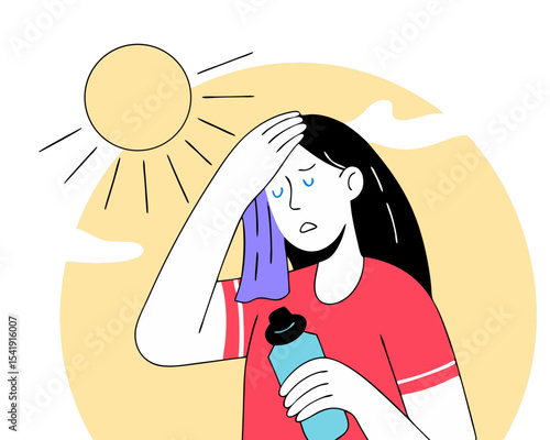 Woman Suffering Extreme Heat - Sun Exposure Vector Illustration (Sweating, Dehydration Scene) - Flat Design with Water Bottle