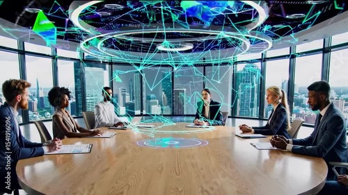Round table executive meeting with digital holograms above creates sense of innovation teamwork future technology bringing collaboration and visionary business perspectives