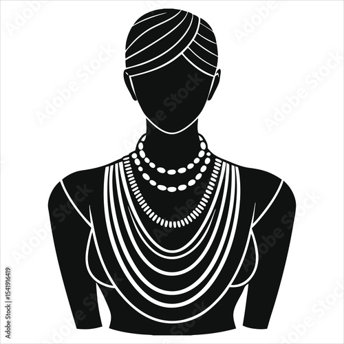 ( layered Necklaces)Vector Silhouette of a Woman Adorned with Elaborate African-Inspired Jewelry/A silhouette of a woman, likely from an African culture, wearing intricate and layered necklace
