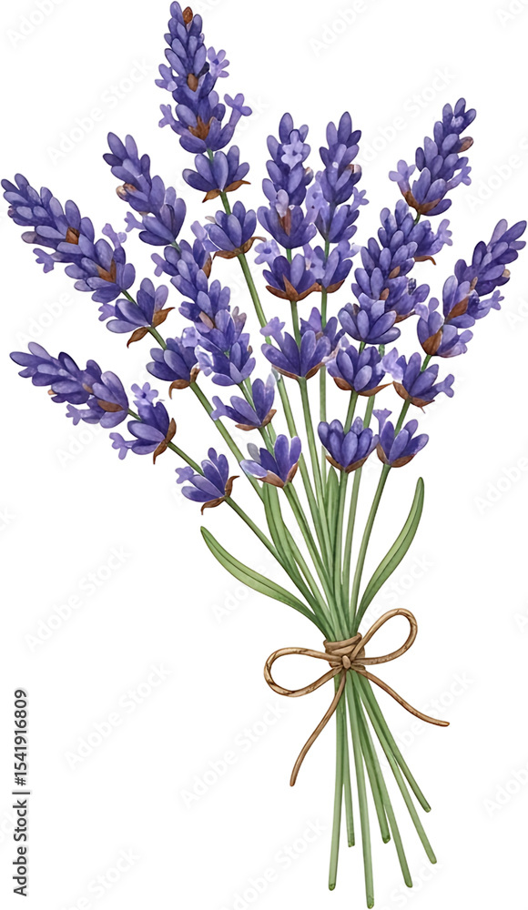 Naklejka premium Elegant watercolor lavender bouquet illustration with a rustic twine bow. Hand-painted purple flowers and green stems, isolated on a transparent background for easy design.