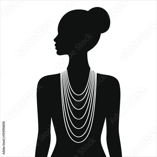 ( Multi-strand necklace)Vector Silhouette of a Woman Wearing a Multi-Layered Pearl Necklace/A stylish silhouette of a woman, profile view, wearing a striking, multi-layered pearl necklace.