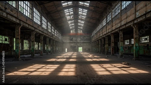 Sunlit Shadows in an Abandoned Structure: An exploration of a dilapidated industrial building interior, where sunlight streams through shattered windows.
